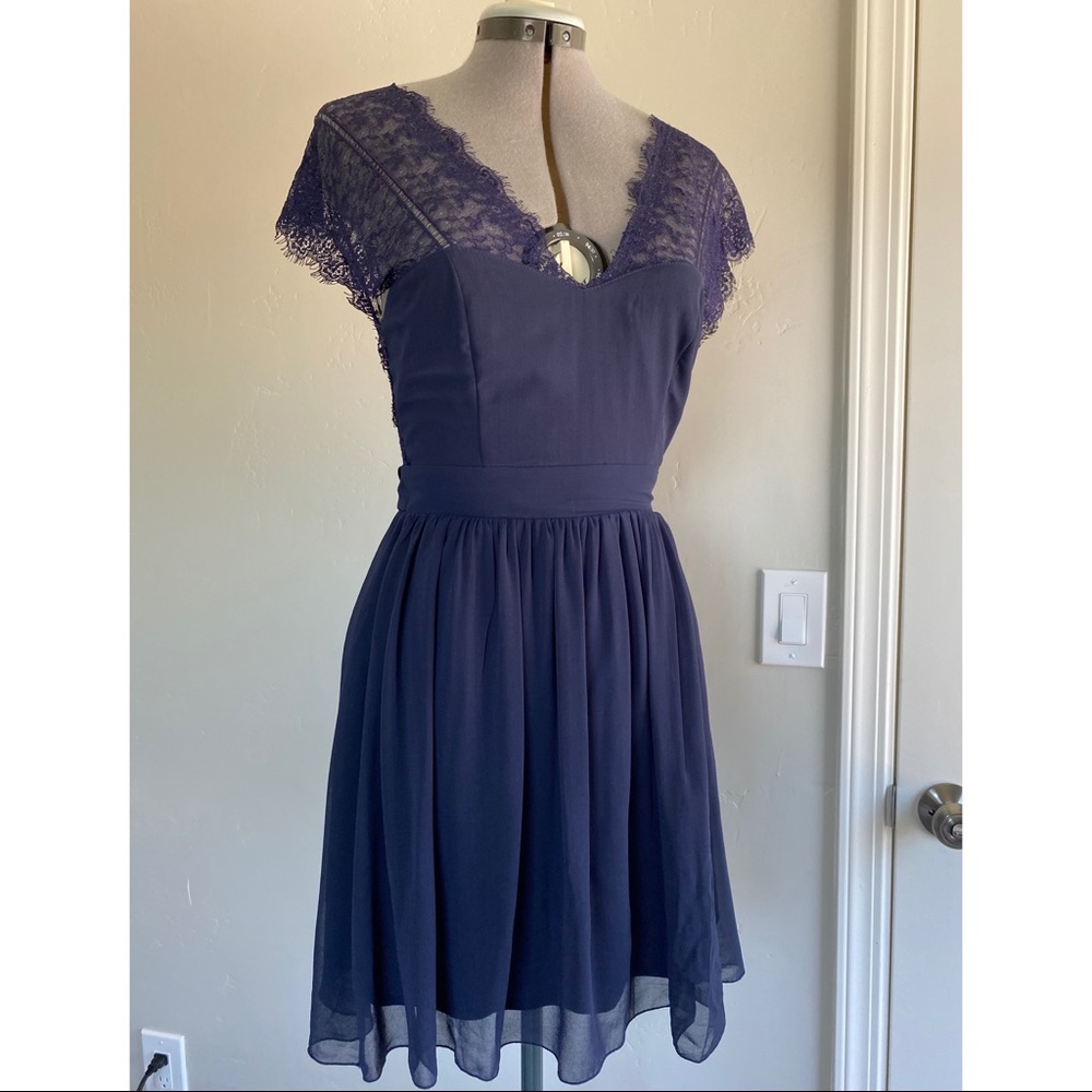 Navy blue mini-dress, deep V lace front and back